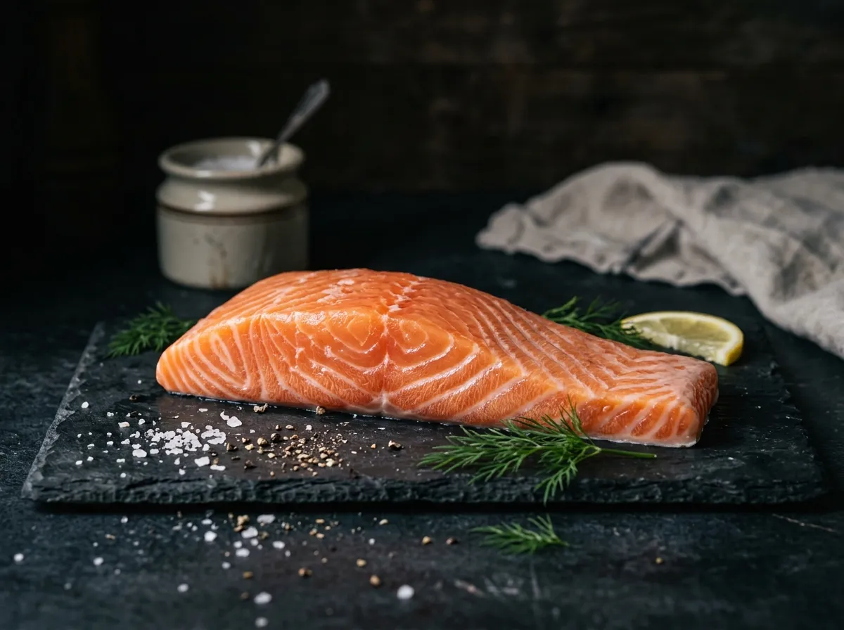 Chef cortando filé de salmão fresco com faca profissional