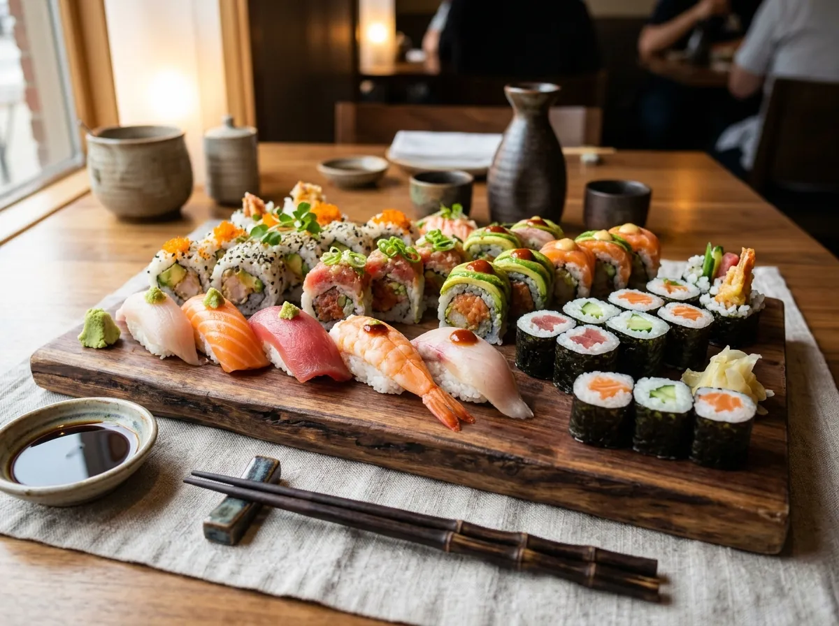 Sushi chef japonês moldando nigiri com técnica tradicional