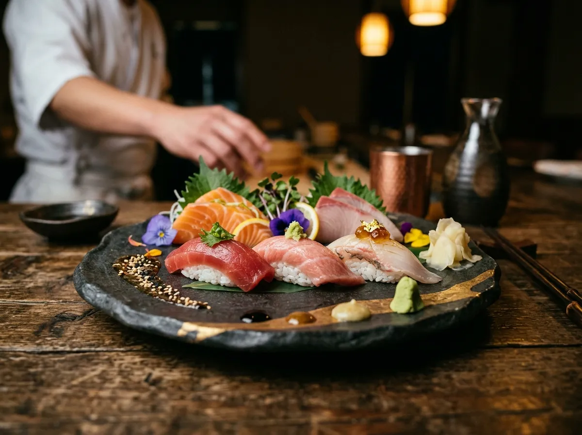 Prato de sushi profissional com variedade de peças elegantemente montadas